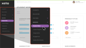 left menu open in educator account. Report dropdown open and Student work being selected